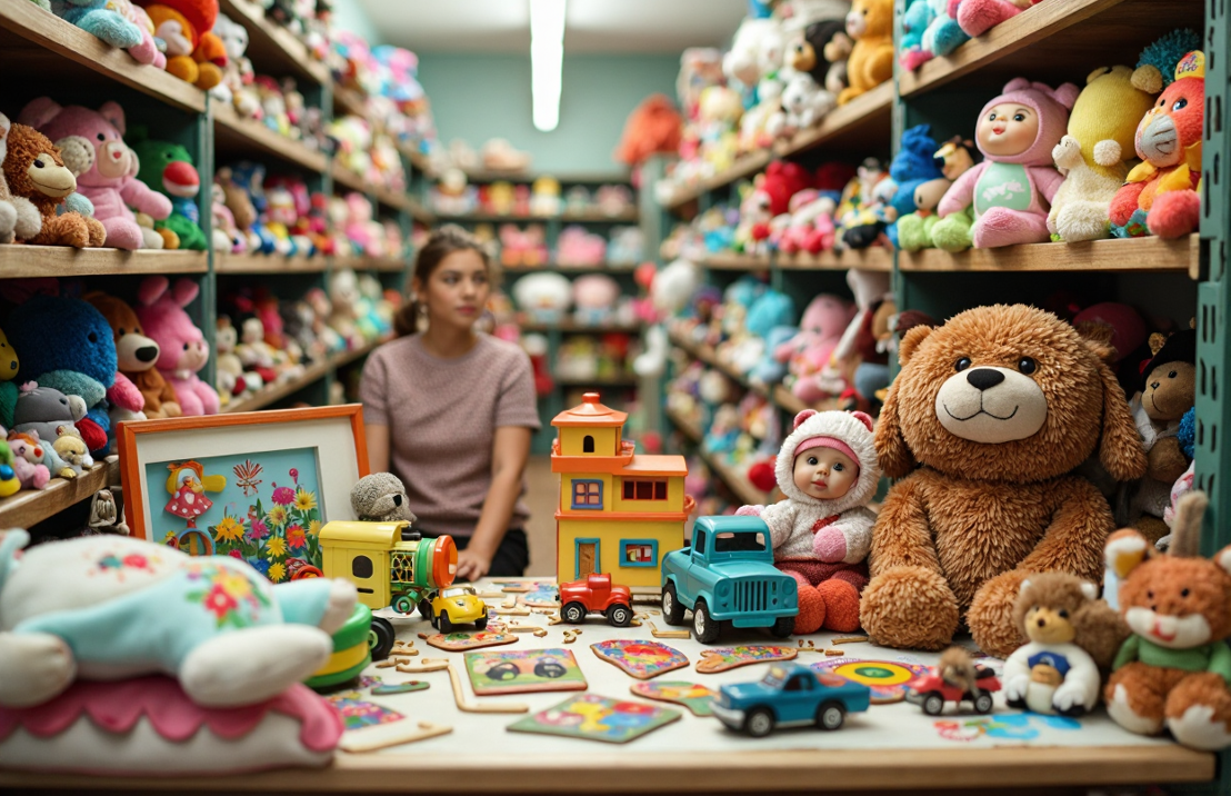 Een kringloopwinkel met heel veel schappen vol met knuffels, poppen en ander speelgoed