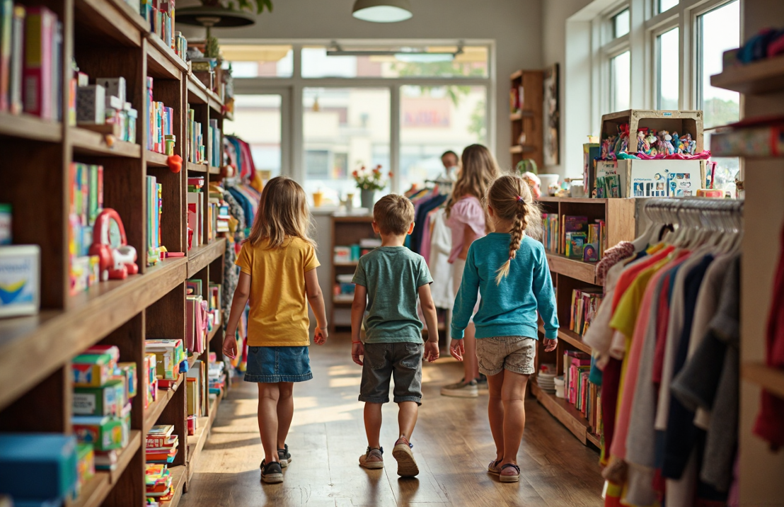 Kinderen lopen in een kringloopwinkel met nette schappen en kleding aan hangers opzoek naar een leuk product.