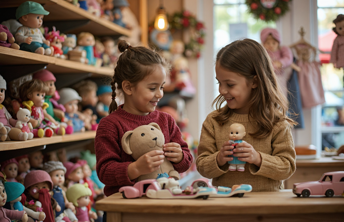 Twee meisjes in een kringloopwinkel vinden allebei een leuk popje tussen de planken vol met knuffels en poppen.