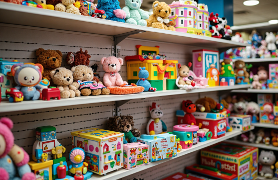 Een kringloopwinkel met de schappen vol met speelgoed, knuffels, spelletjes en meer.